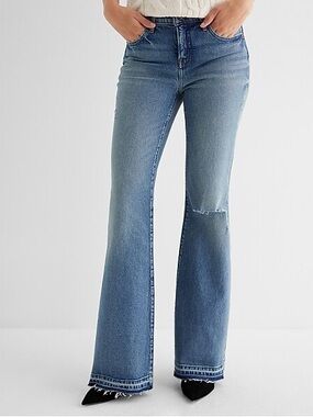 EXPRESS 70S Flare Jean Mid Rise Medium Wash Raw Drop Hem 4R NWOT SOLD OUT ONLINE